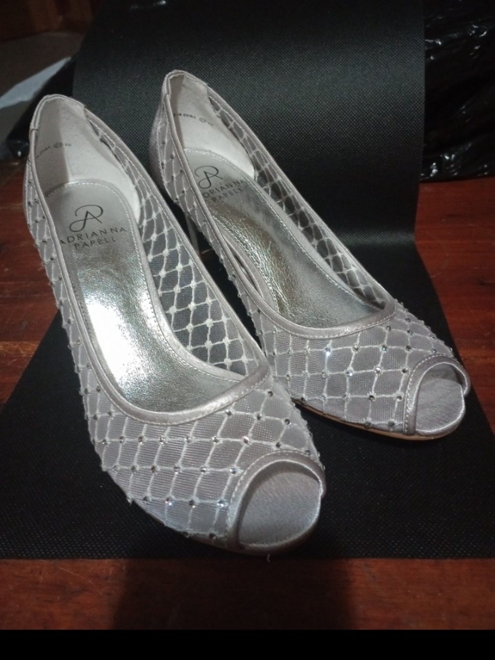 Adrianna Papell Silver Open-Toe Mesh Pumps with Rhinestone Detail